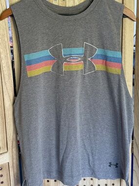 Under Armour Tank Top Large Gray Rainbow Stripe Logo Athletic